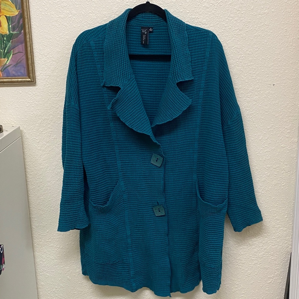 Focus Casual Life Teal Turquoise Waffle Knit Cardigan Cotton Lagenlook Artsy